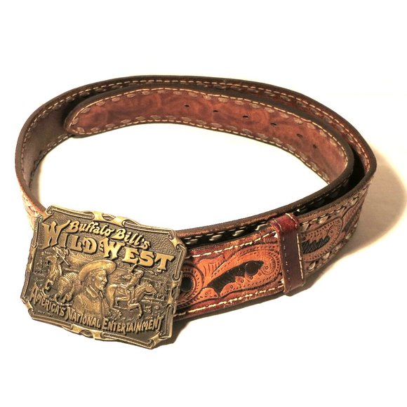 Buffalo Bill's Wild West Brown Leather Belt & Brass Buckle - Size 38 - Picture 1 of 8